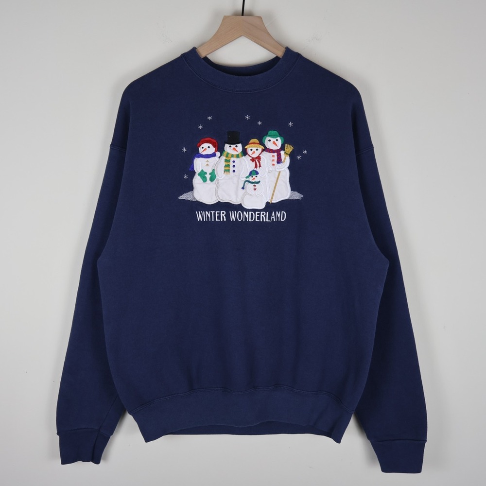 Vintage Winter Wonderland Christmas Snowman Embroidered‎ Sweatshirt Navy Large